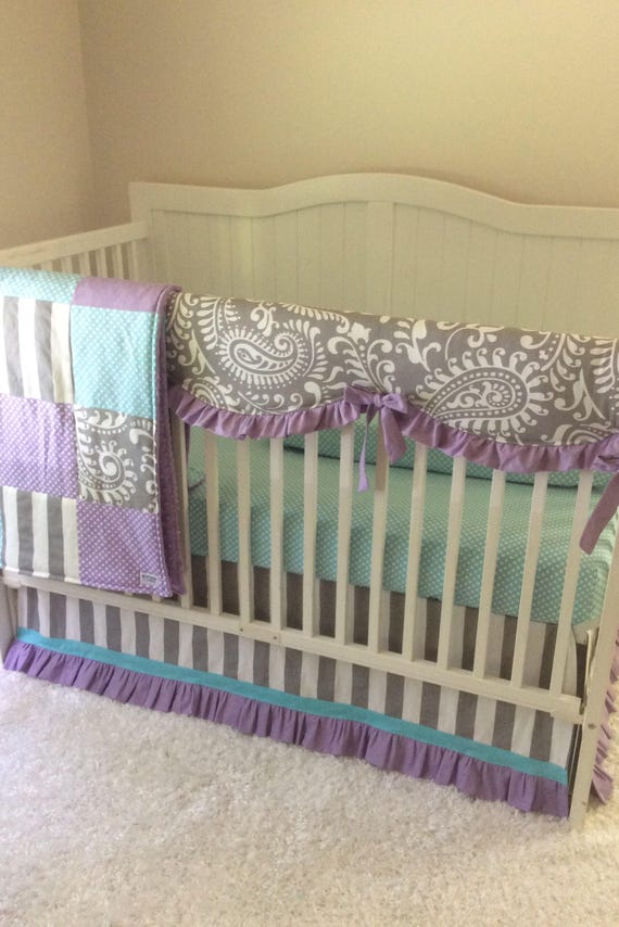 Girl Crib Bedding Set Lavender Aqua And Gray Paisley Ships Etsy