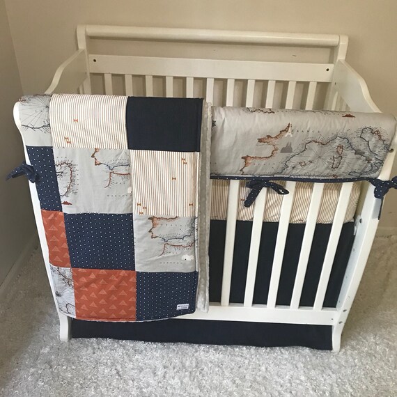 Baby Boy Mini Crib Bedding Navy Sienna Gold Denim Gray Blue Etsy