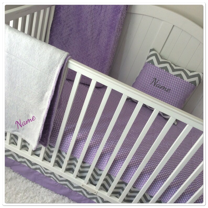 Crib Bedding Set Gray Lilac Chevron Polka Dots Monogrammed Etsy