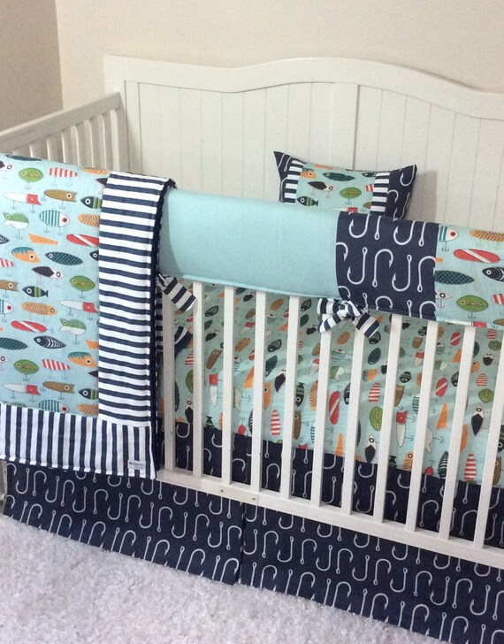 Baby Boy Crib Bedding Set Fishing Lures Light Aqua Blue Navy Etsy