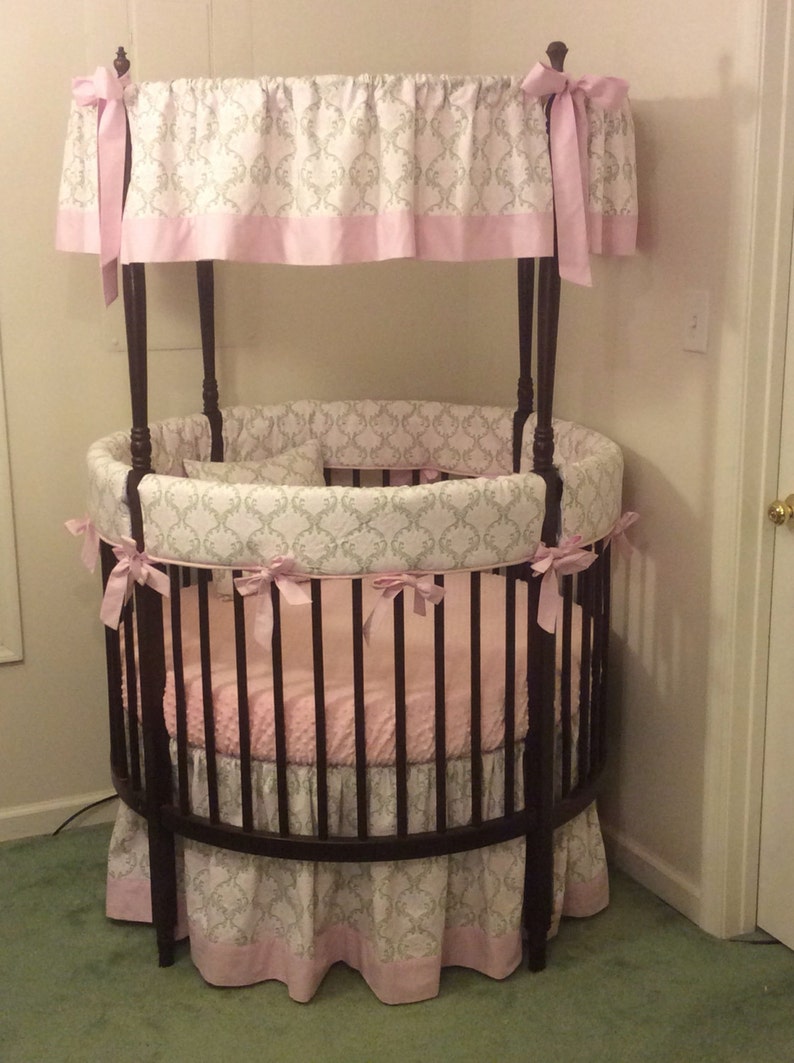 Pink And Taupe Damask Round Crib Bedding Etsy