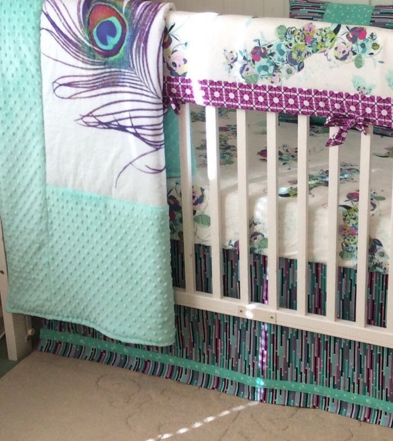Mini Crib Baby Girl Bedding Set Teal Purple Mint Peacock