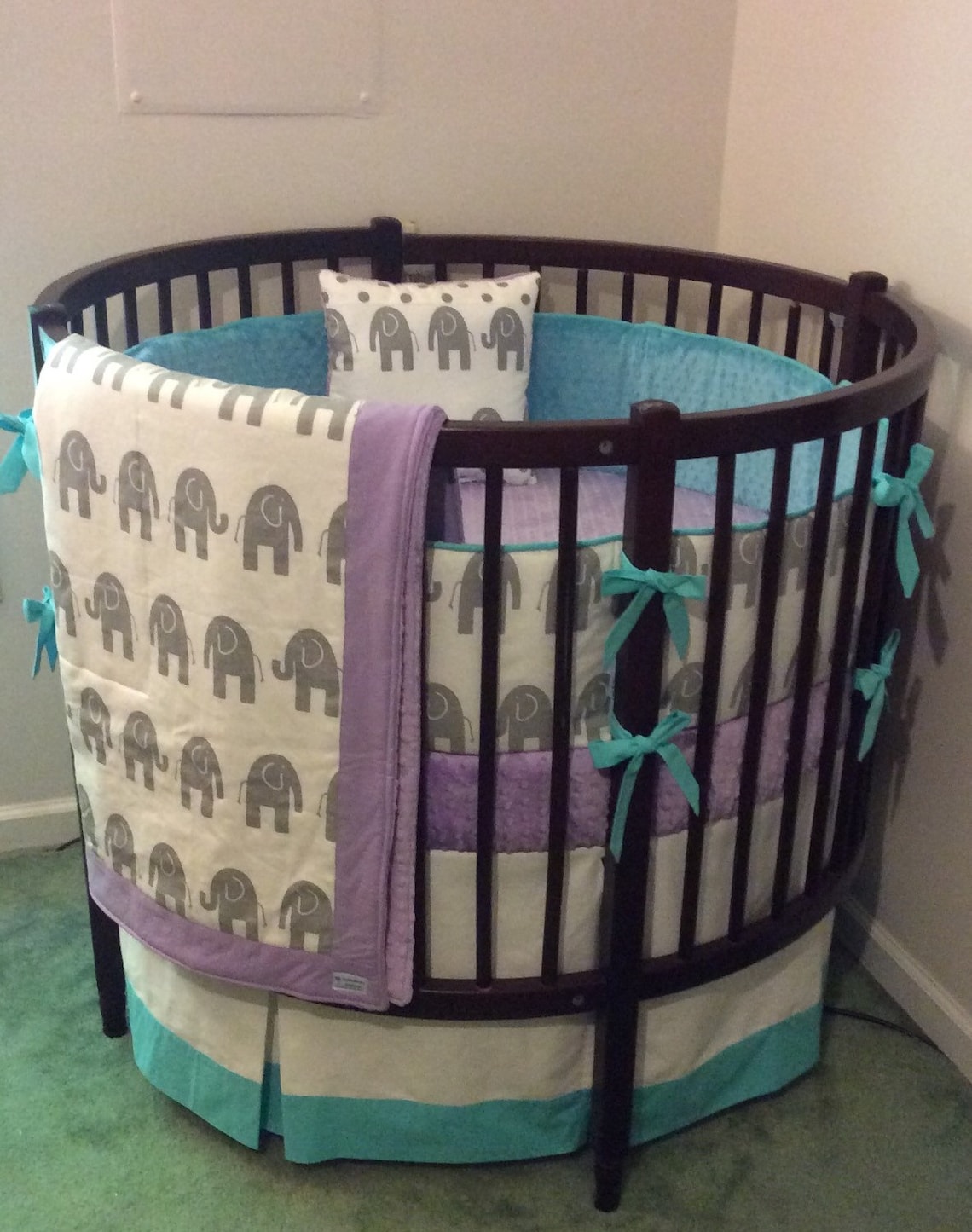 Round Crib Bedding Set Aqua Purple and Gray Elephant Etsy