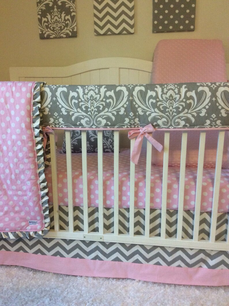 Baby Girl Crib Bedding Set Pink and Gray Damask and Polka Dots Etsy