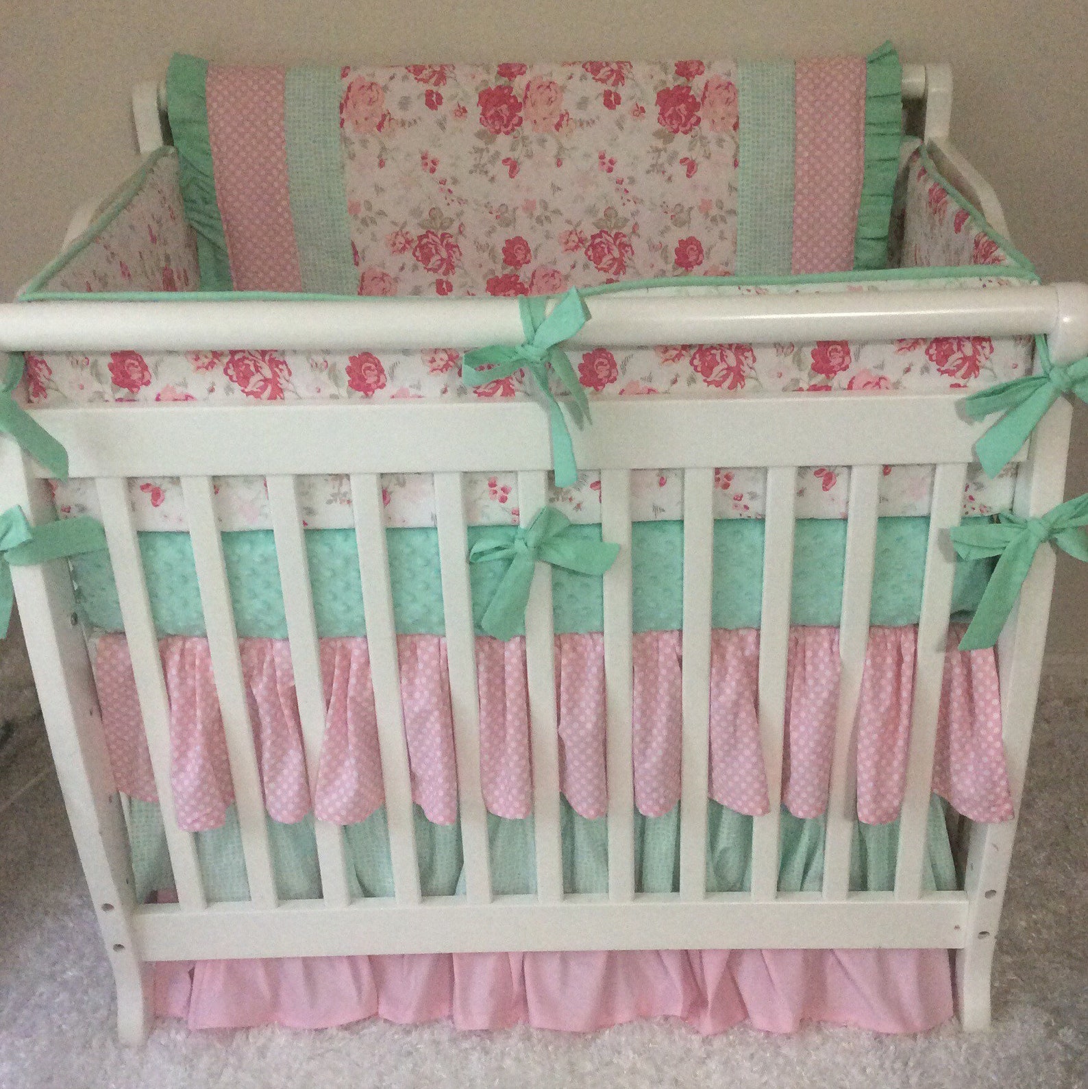 Mini Crib Bedding Pink and Mint Floral Ruffled Baby Girl Etsy