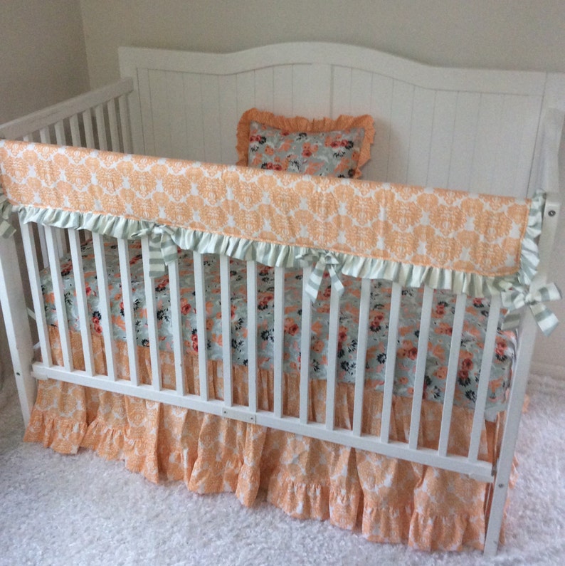 Baby Girl Crib Bedding C Mint Sage Peach Fl Stripes Image 0