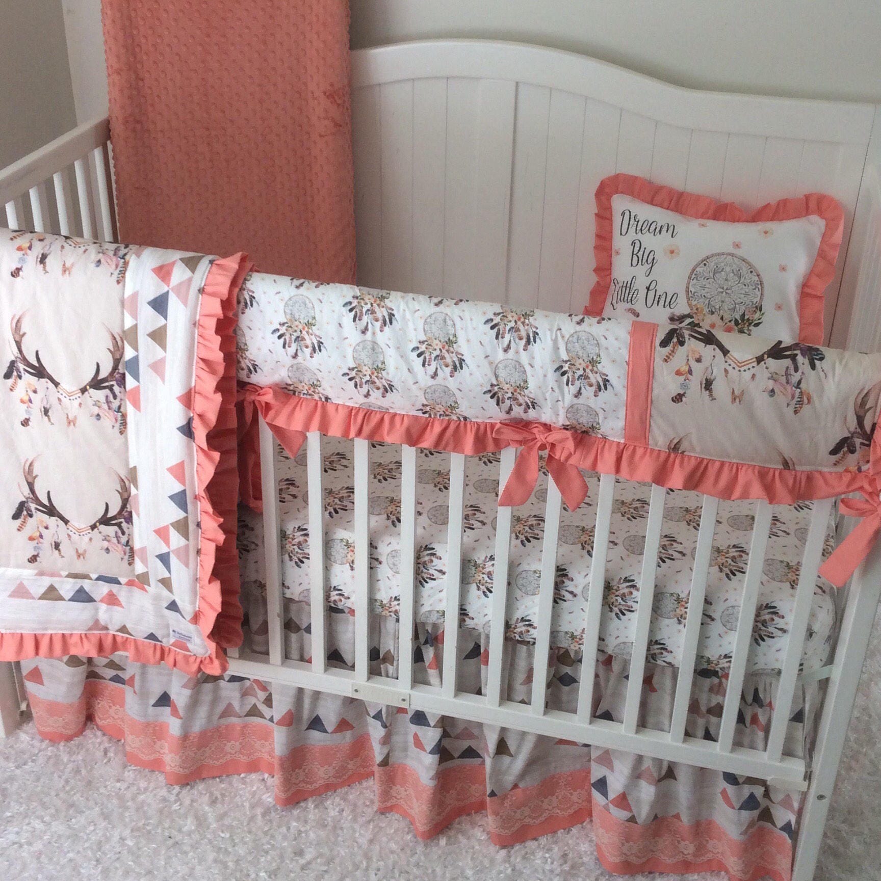 Baby Girl Crib Bedding Tan Peach Coral Blue Boho Dreamcatcher Etsy