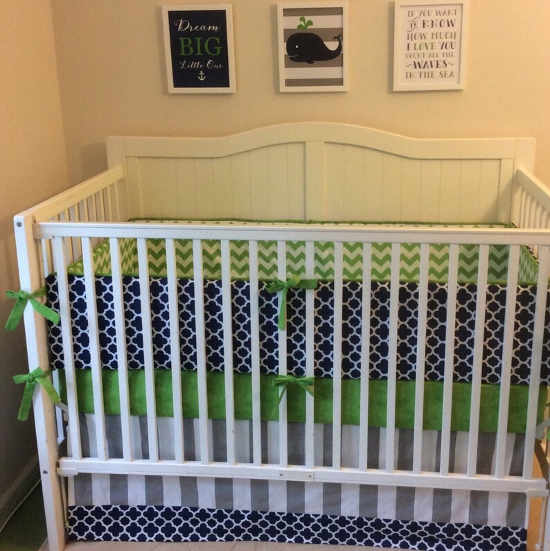 Baby Boy Crib Bedding Navy Blue And Green Quatrefoil Bumper Etsy