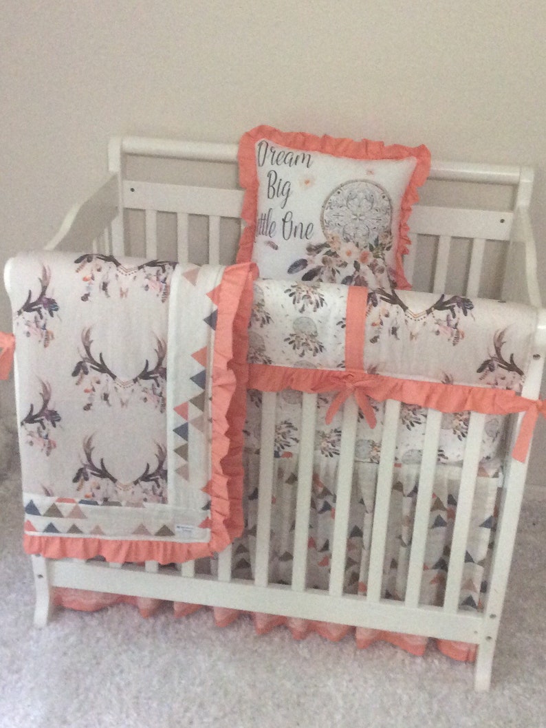 Baby Girl Mini Crib Bedding Tan Peach Coral Blue Boho Etsy