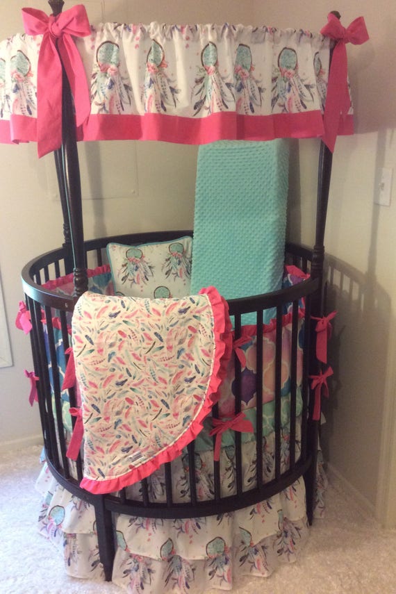 Baby Girl Round Crib Bedding Set Pink Aqua Teal Boho Etsy