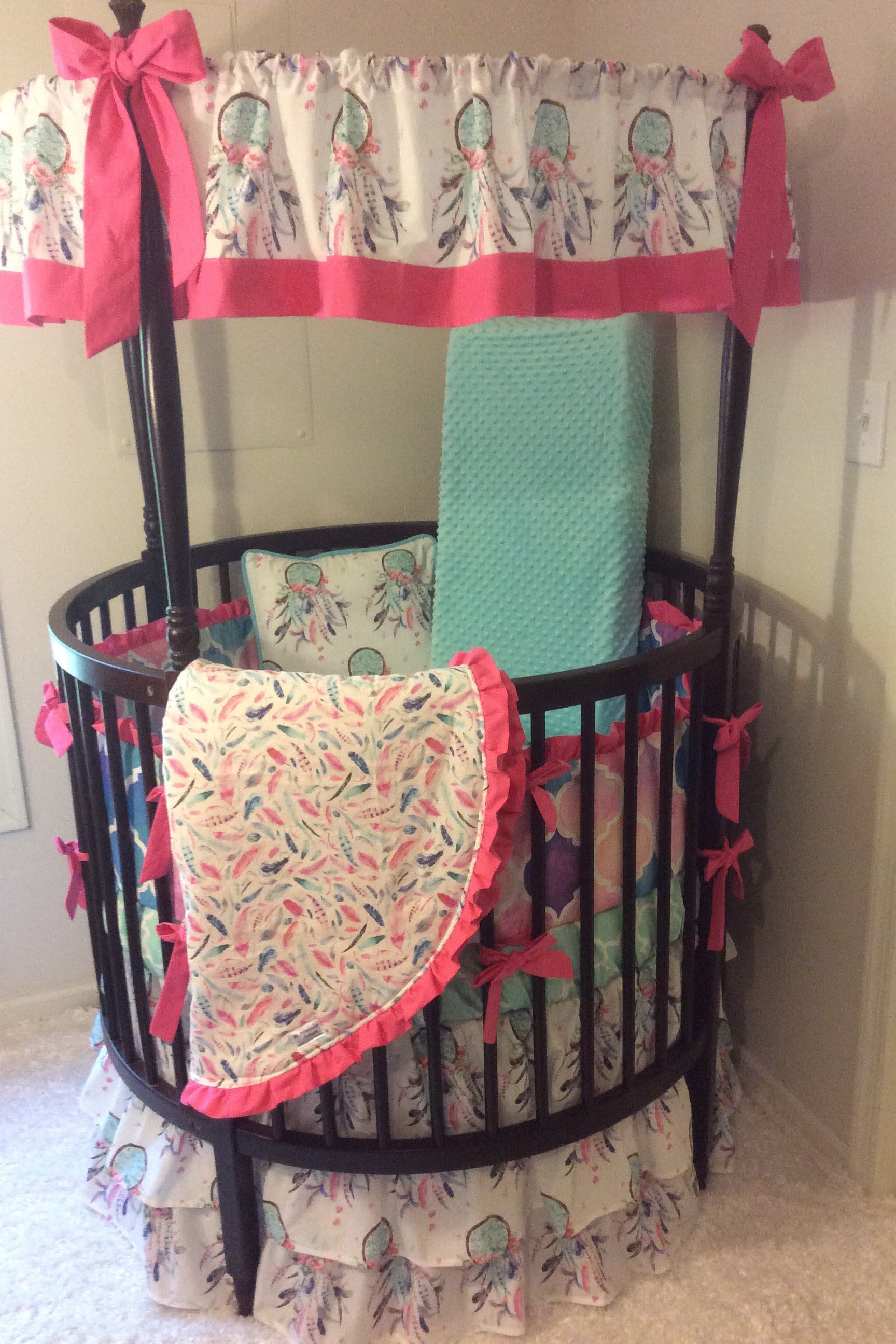Baby Girl Round Crib Bedding Set Pink Aqua Teal Boho | Etsy