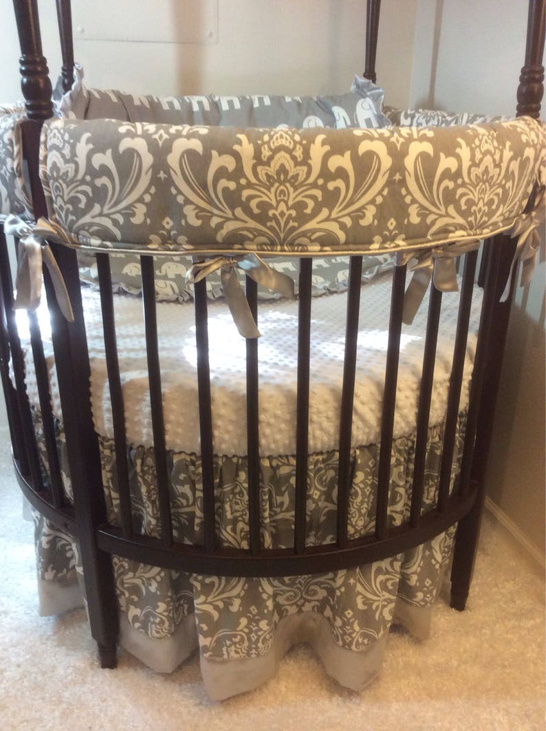 Round Crib Bedding Gender Neutral Gray Silver Satin Damask and Etsy