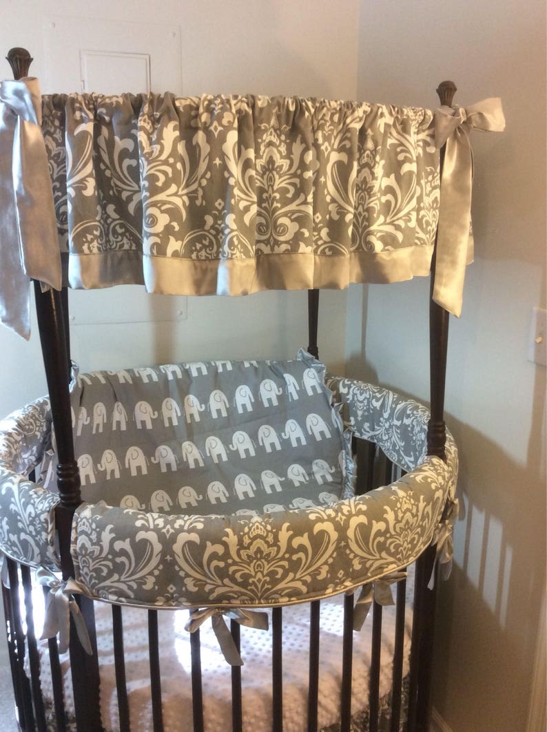 Round Crib Bedding Gender Neutral Gray Silver Satin Damask and Etsy