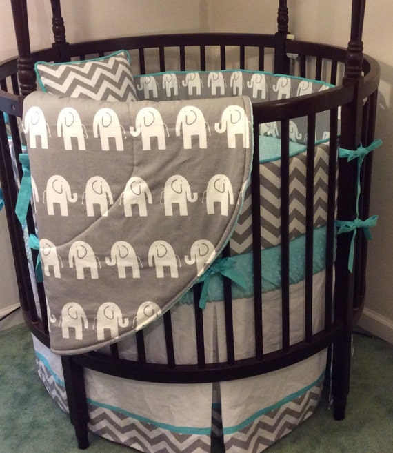 Round Crib Bedding Set Aqua Gray And White Elephants Etsy