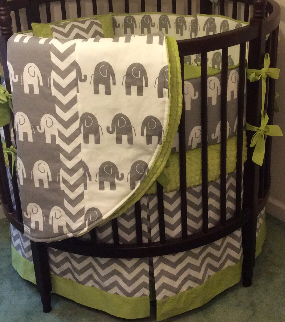Round Crib Bedding Lime Green Gray Elephants Etsy