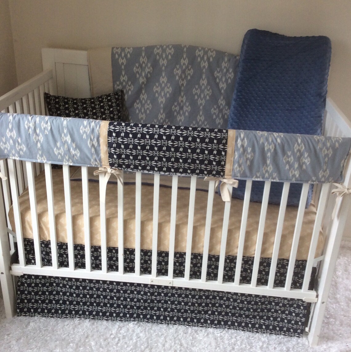 Baby Boy Crib Bedding Set Denim Navy Taupe Tan Aztec DEPOSIT Etsy