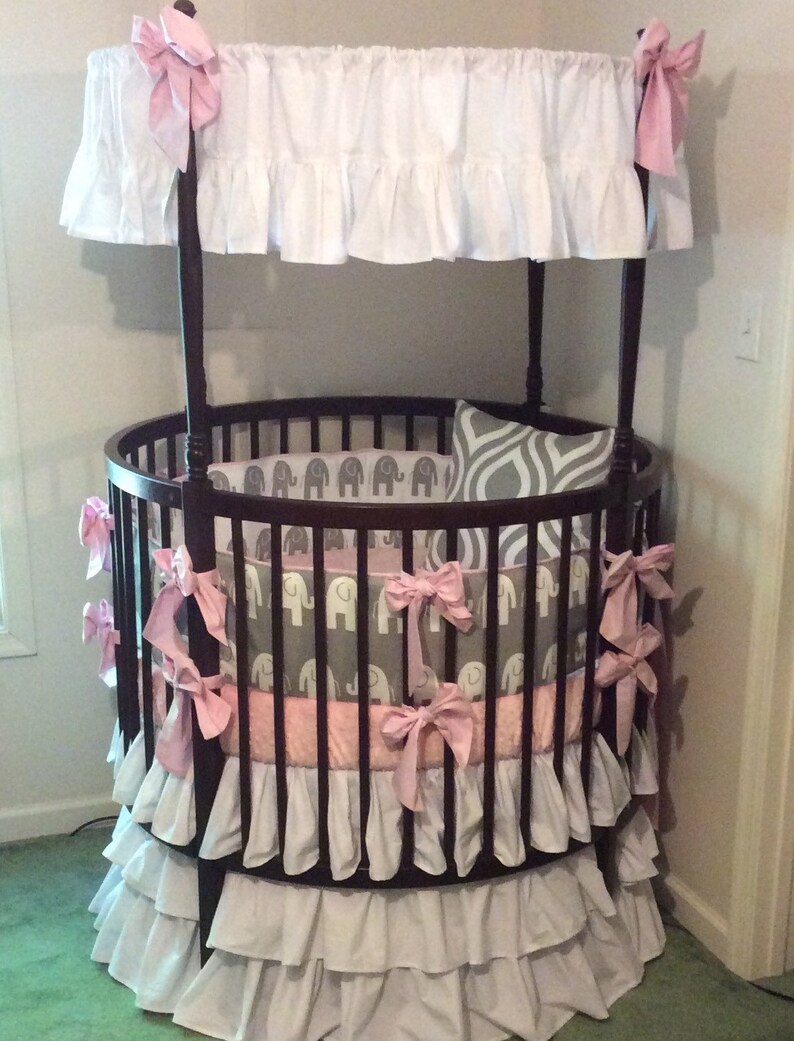 Round Crib Bedding Ruffled In White And Gray Elephant With Etsy