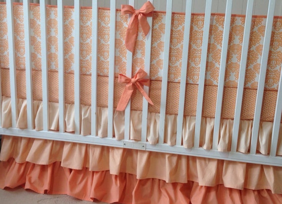 Peach And White Damask Crib Bedding Set Made To Order Etsy