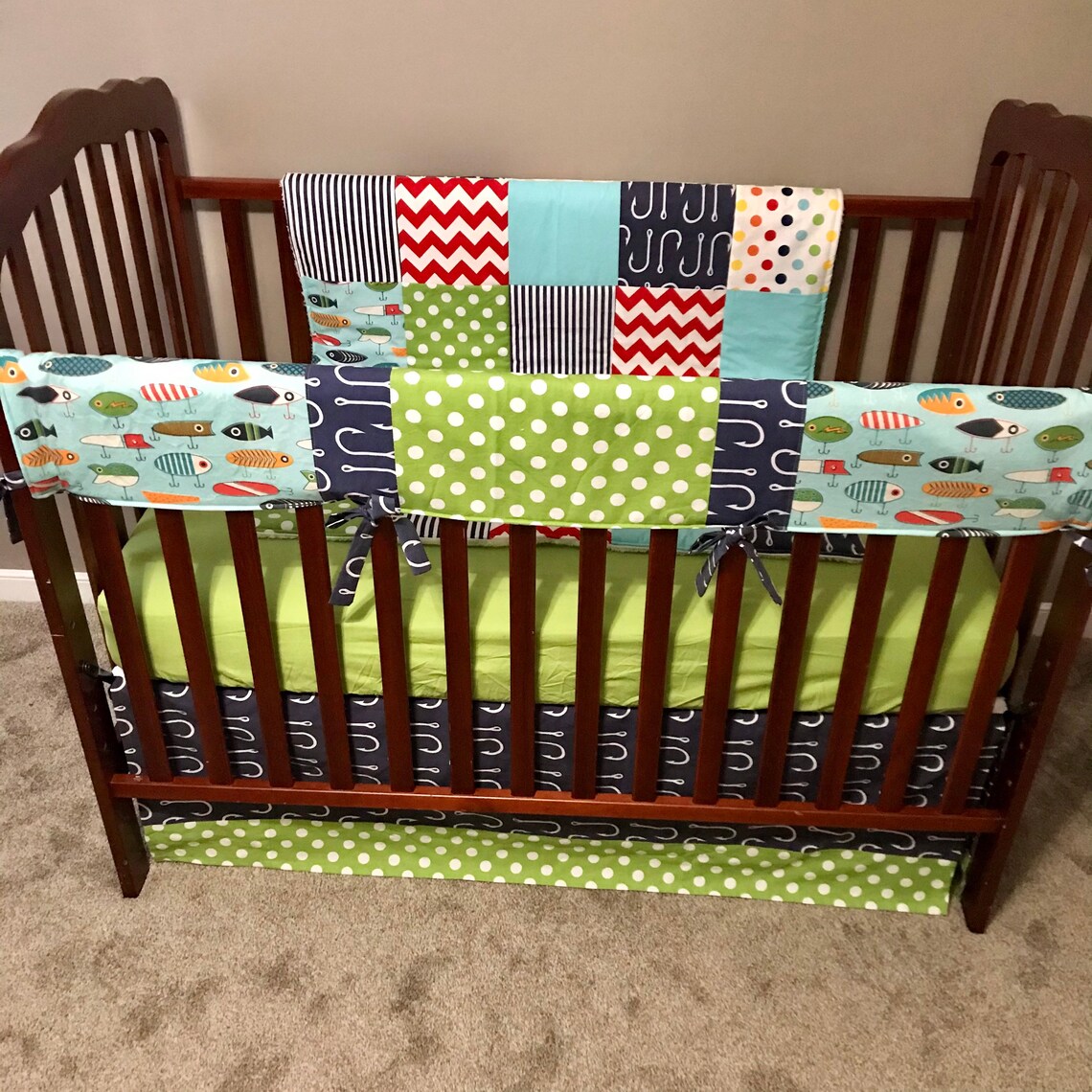 Sale Baby Boy Crib Bedding Set Fishing Lures Aqua Navy Blue Etsy