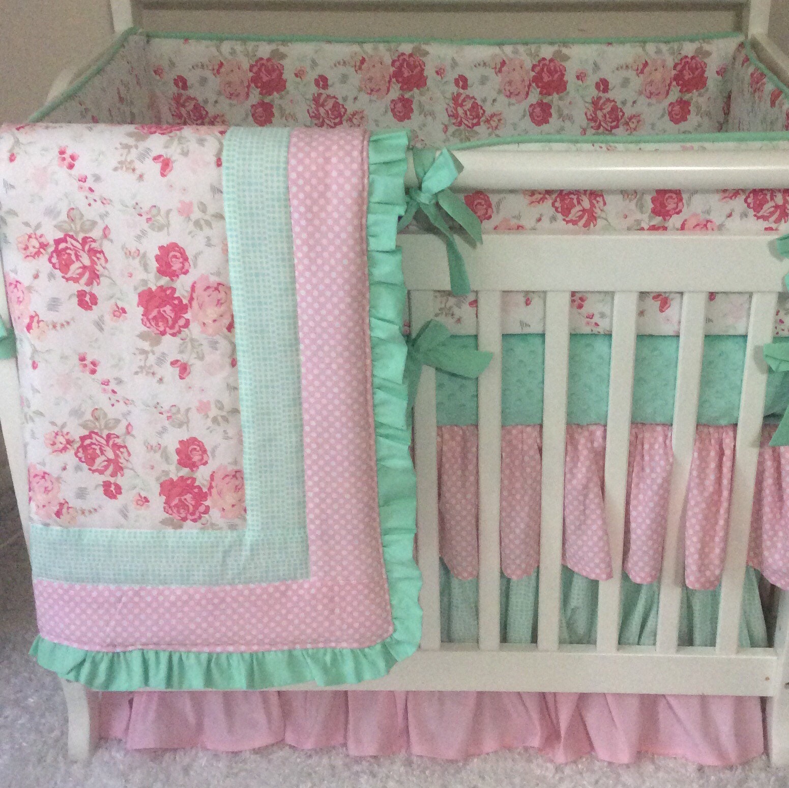Mini Crib Bedding Pink and Mint Floral Ruffled Baby Girl Etsy