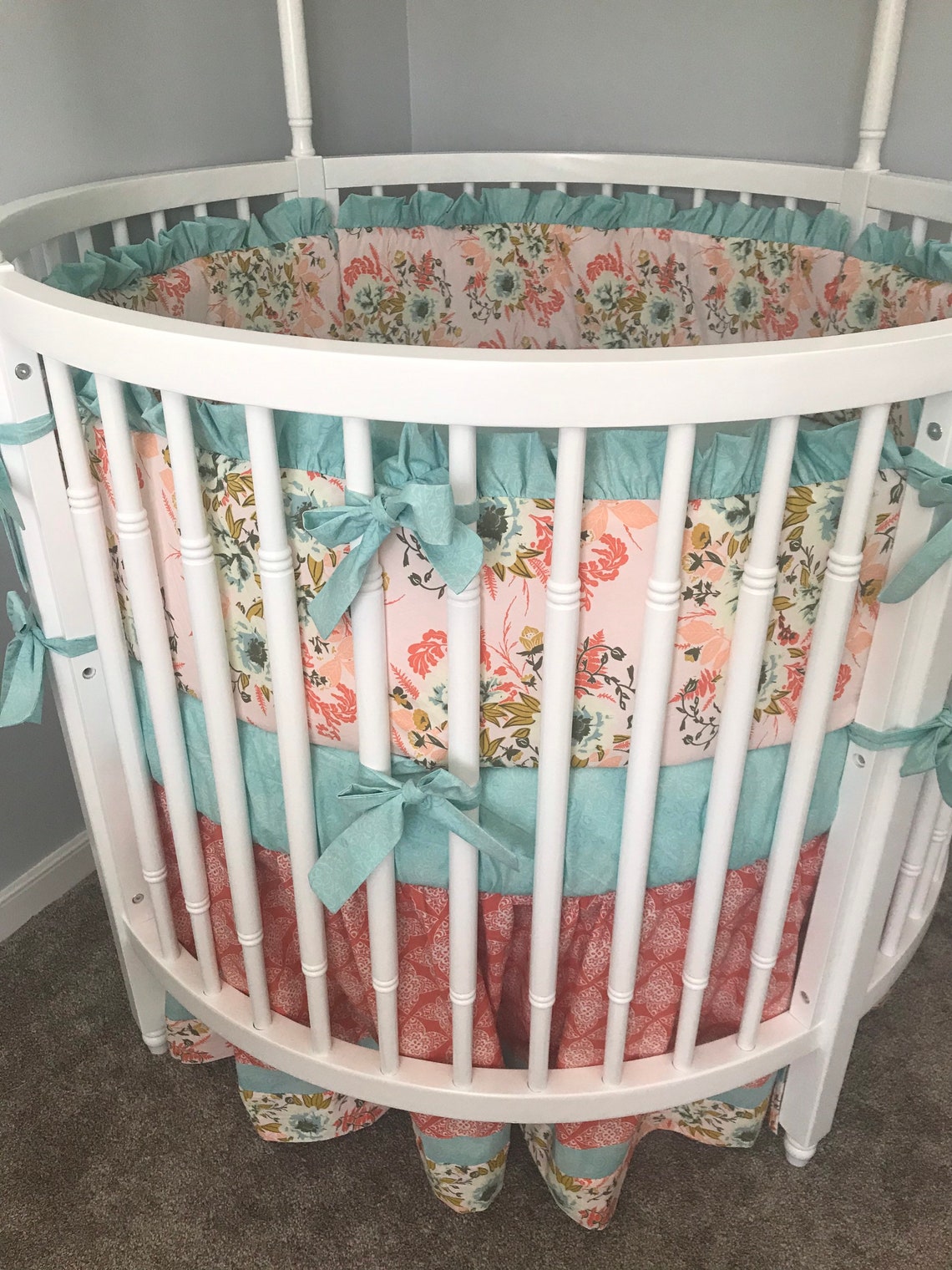 Baby Girl Round Crib Bedding Set Coral Aqua Blue Mint and Etsy