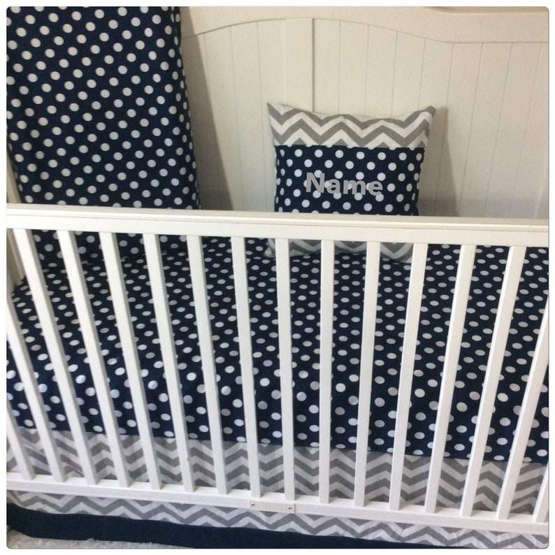 Crib Bedding Set Gray Navy Chevron Polka Dots Monogrammed Etsy