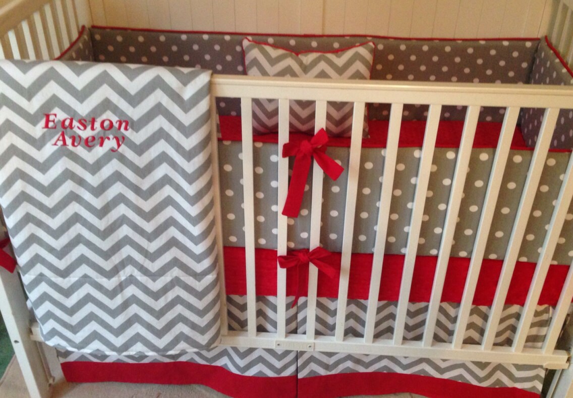 Crib Bedding Set Gray White And Red Etsy