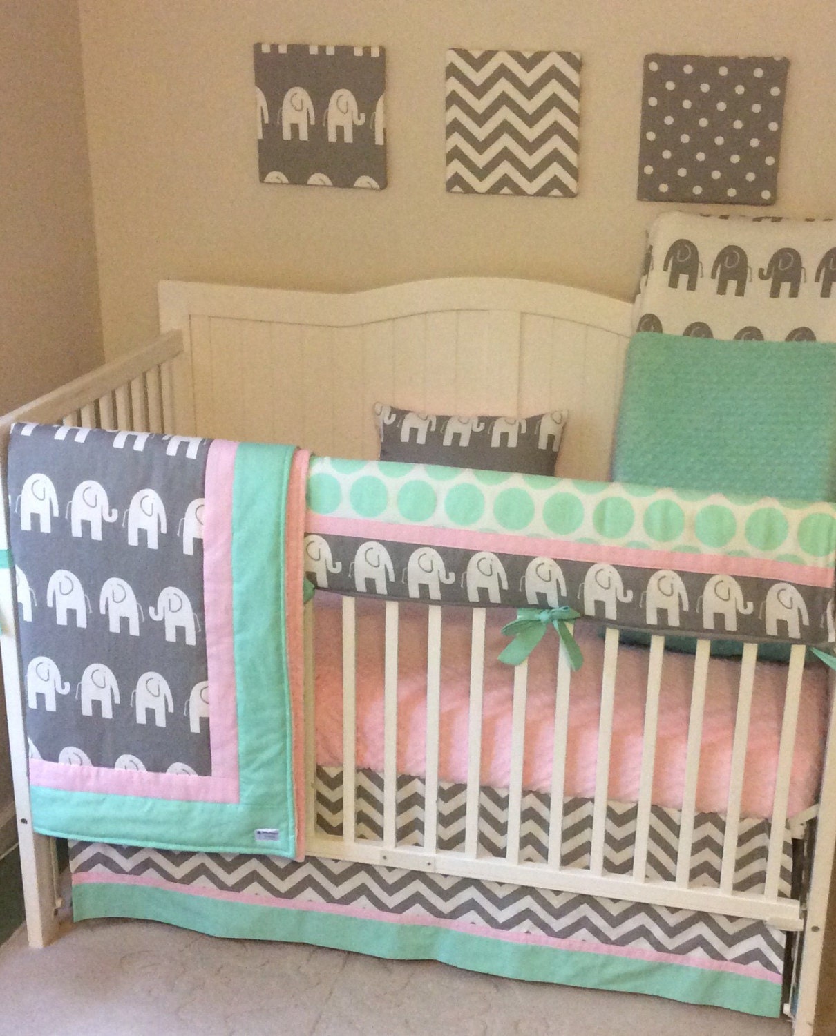Pink and Mint Elephant Baby Girl Crib Bedding Set Etsy