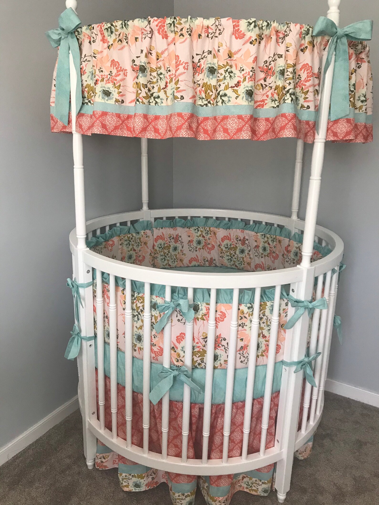 Baby Girl Round Crib Bedding Set Coral Aqua Blue Mint and Etsy