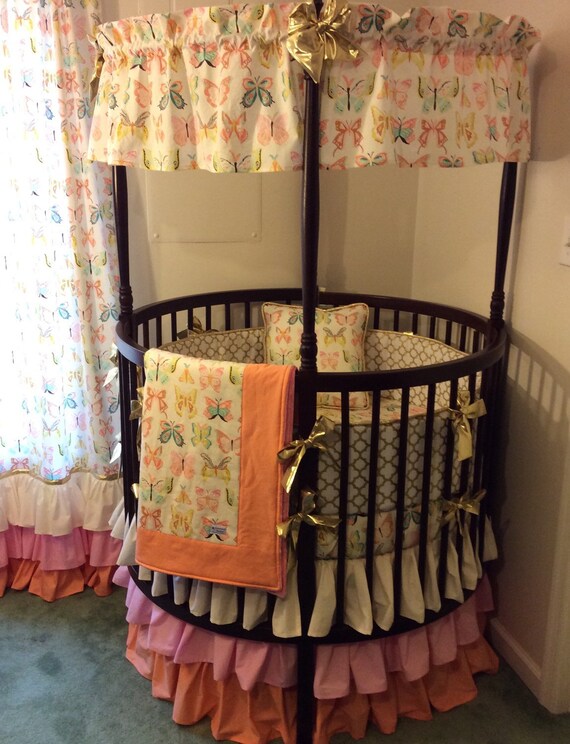 Items similar to Peach Cream Pink and Gold Butterfly Ruffled Round Crib
