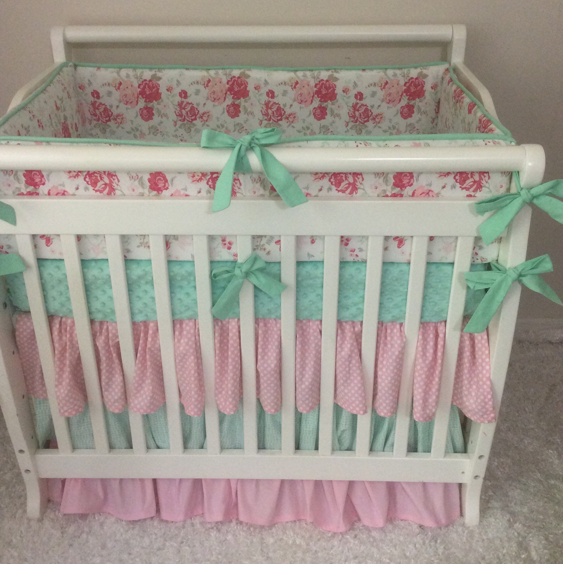 Mini Crib Bedding Pink and Mint Floral Ruffled Baby Girl Etsy