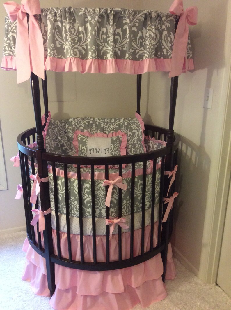 Baby Girl Round Crib Bedding Ruffled in Pink Gray and White Etsy