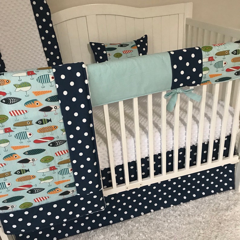 Baby Boy Crib Bedding Set Fishing Lures Aqua Blue Ships Free