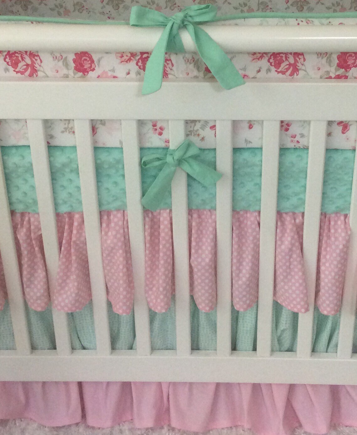 Mini Crib Bedding Pink and Mint Floral Ruffled Baby Girl Etsy