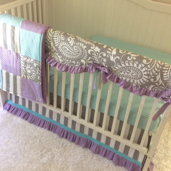 Girl Crib Bedding Set Lavender Aqua And Gray Paisley Ships Etsy