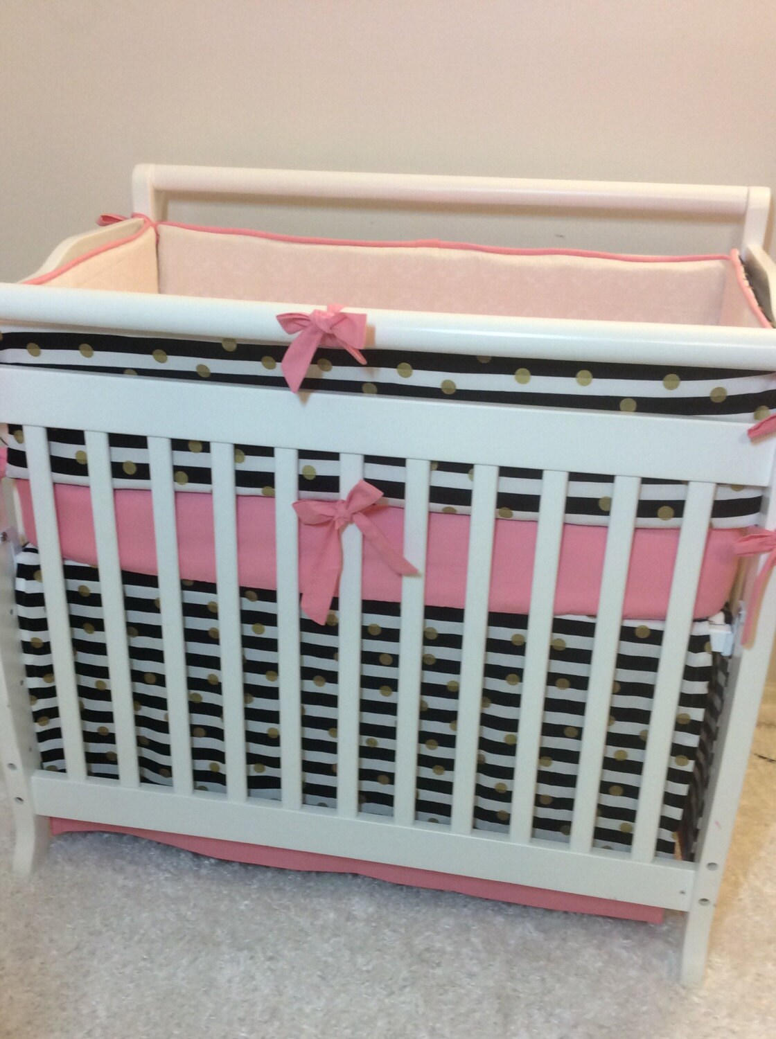 Baby Girl Mini Crib Bedding Coral Pink Black and Gold Made to