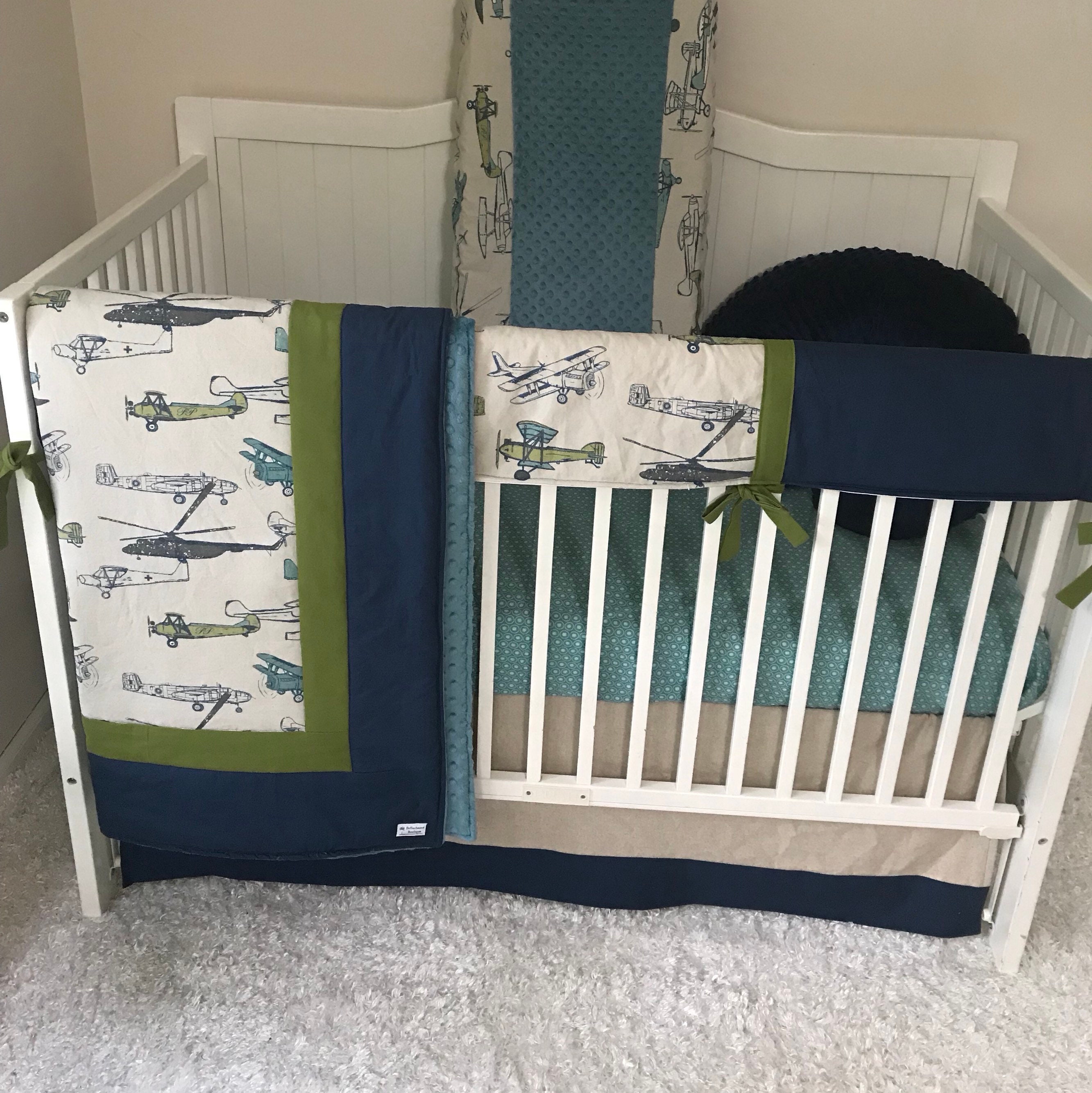 Baby Boy Crib Set Navy Green Teal Vintage Airplane Nursery Etsy