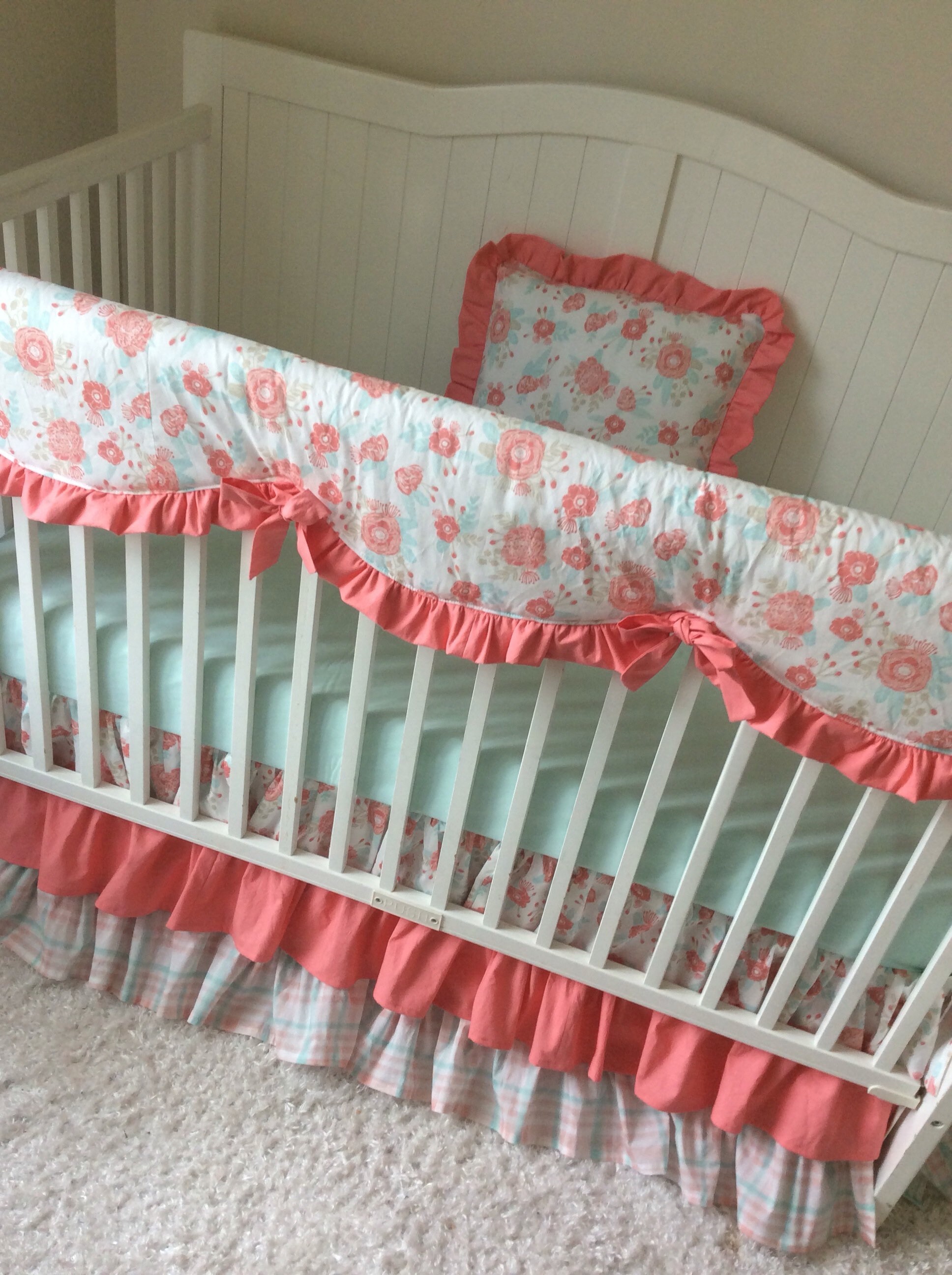 Baby Girl Crib Bedding Coral Mint Teal Dreamy Romantic Floral