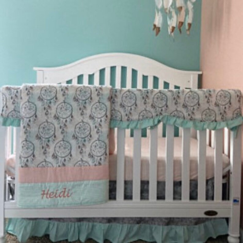 Boho Dreamcatchers Baby Girl Crib Bedding Set Mint Coral Gray Etsy