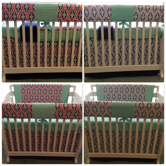 Designer Navy Mint Coral and Gray Ikat Mini Crib Twins Bedding