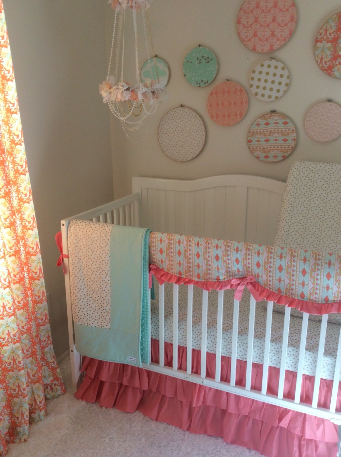 Baby Girl Crib Bedding Set Coral Mint and Gold Etsy