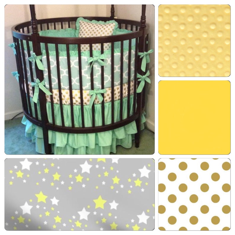 Round Crib Bedding Yellow Gray White Gold Stars Etsy