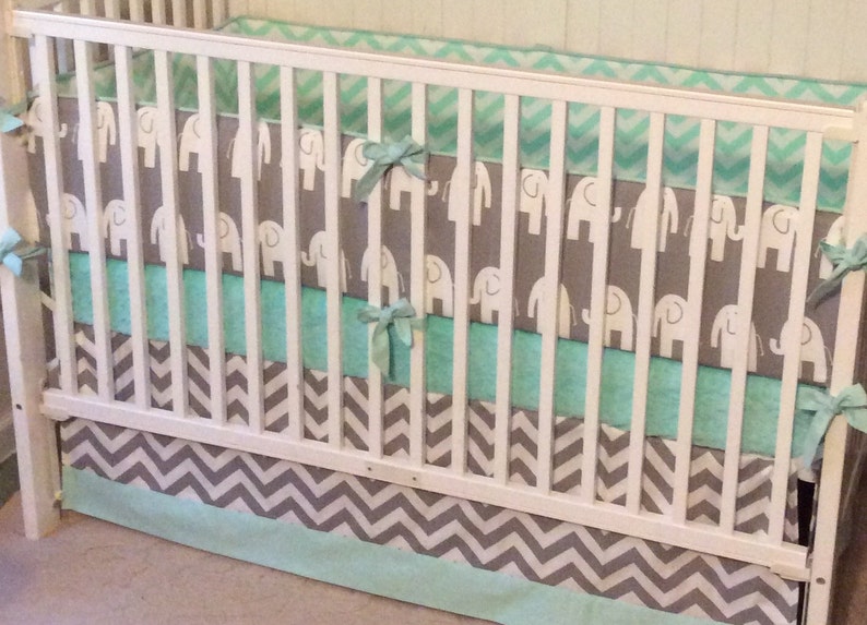 Crib Bedding Set Gray Mint Green Elephant Etsy