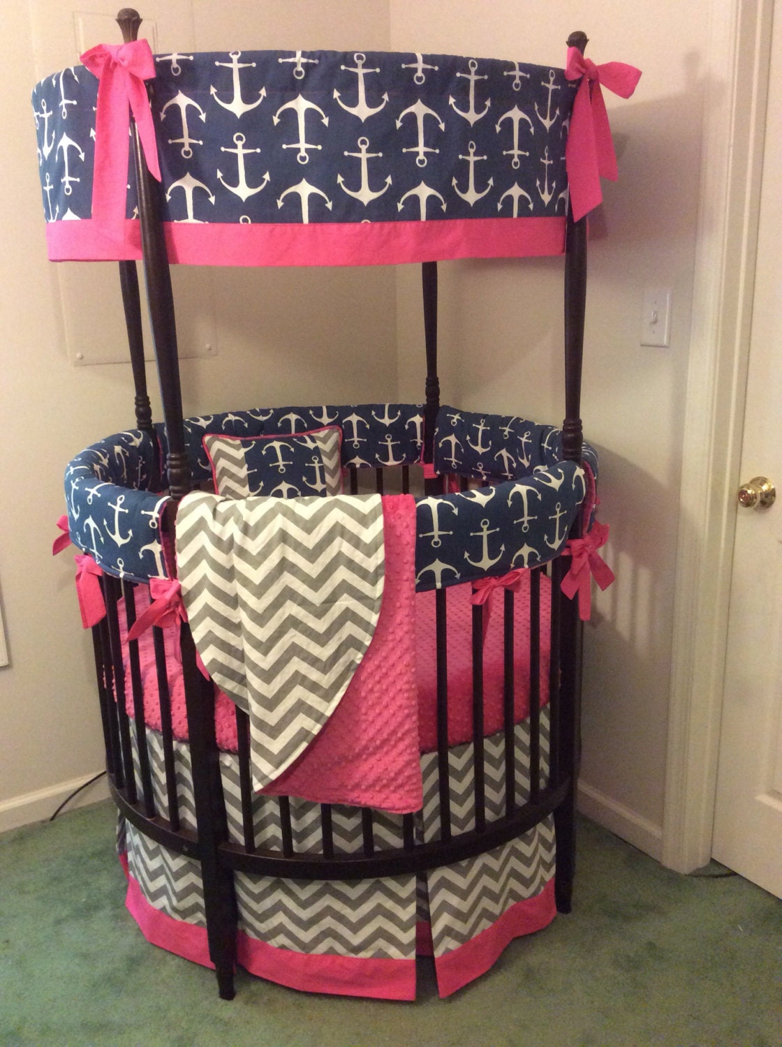 DEPOSIT Navy and Hot Pink Anchor Round Crib Bedding Made To Etsy