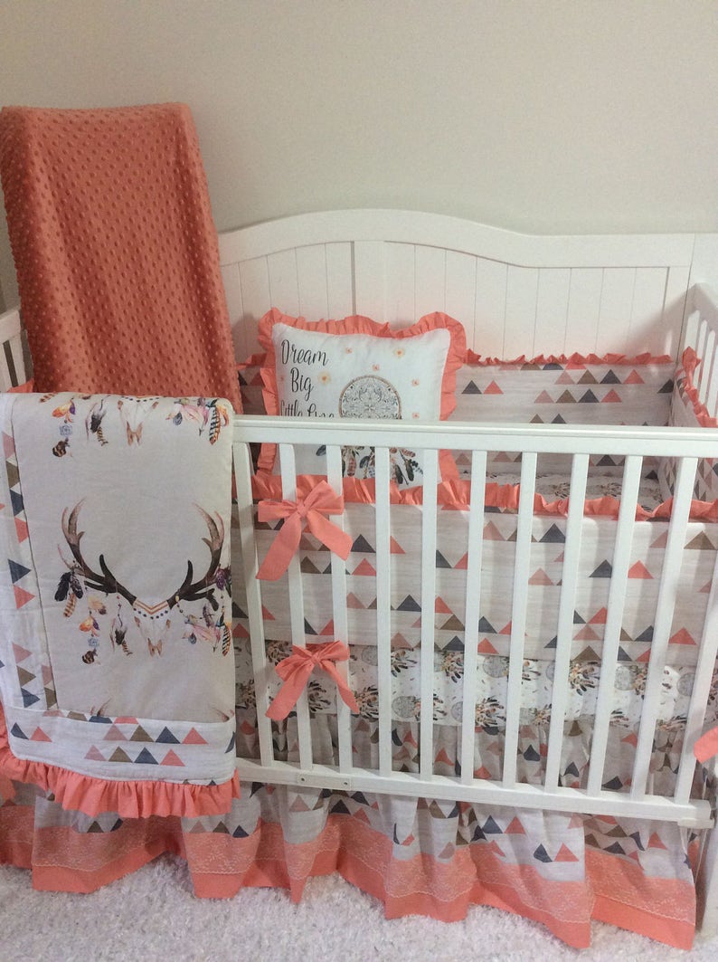 Baby Girl Crib Bedding Set Peach C Tan Blue Boho Feather Skull And Dreamcatchers