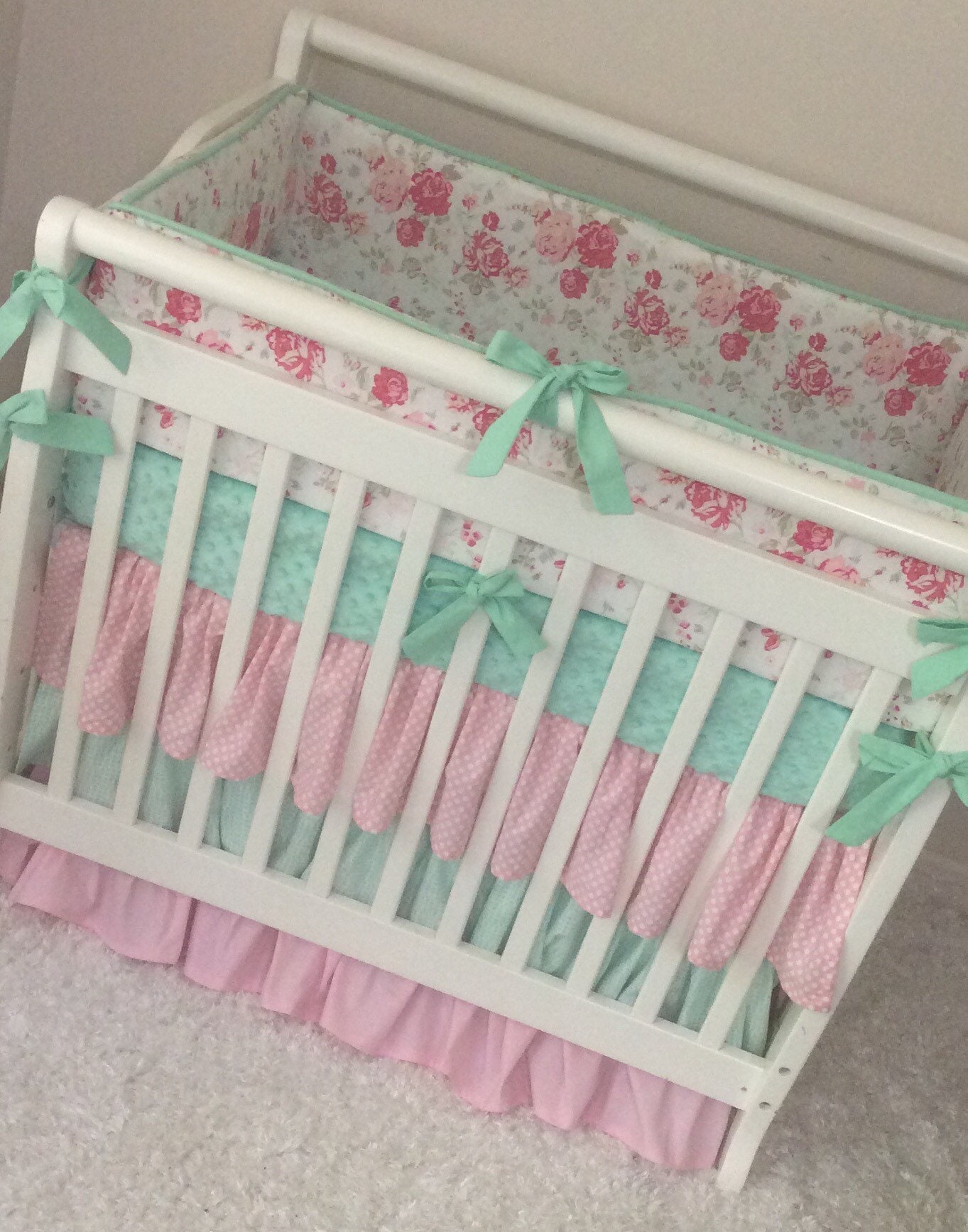 Mini Crib Bedding Pink and Mint Floral Ruffled Baby Girl Etsy