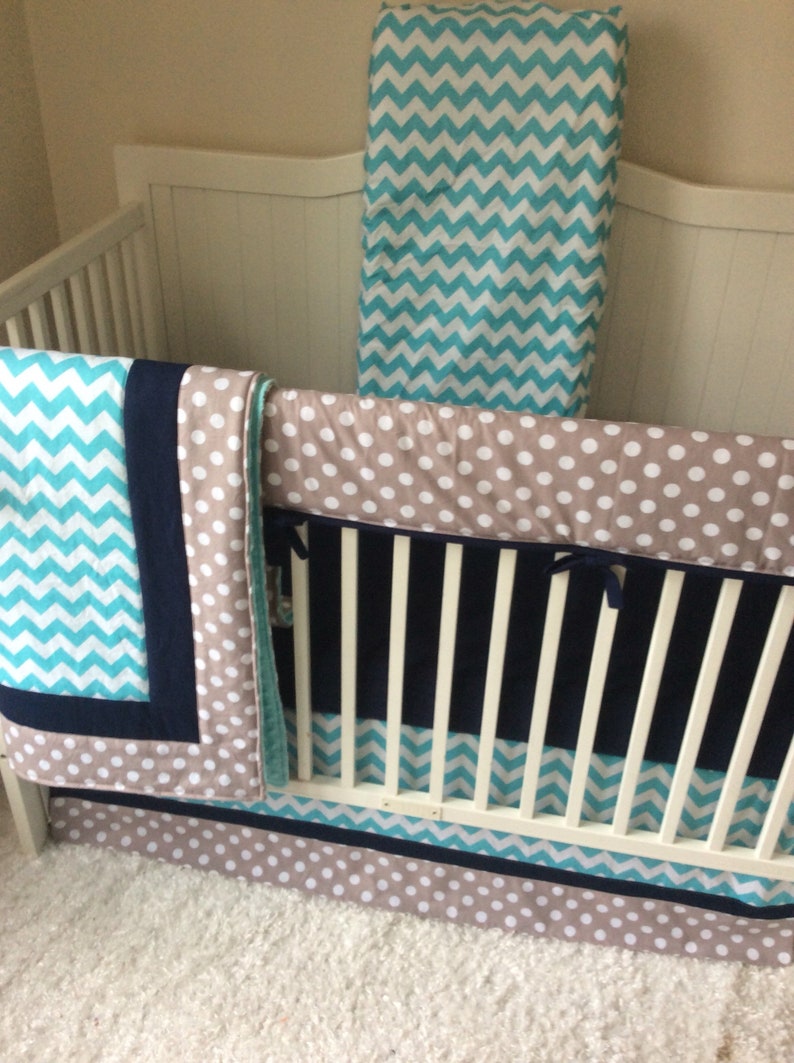 Boy Crib Bedding Set Navy Gray Aqua Teal Polka Dot Chevron Etsy