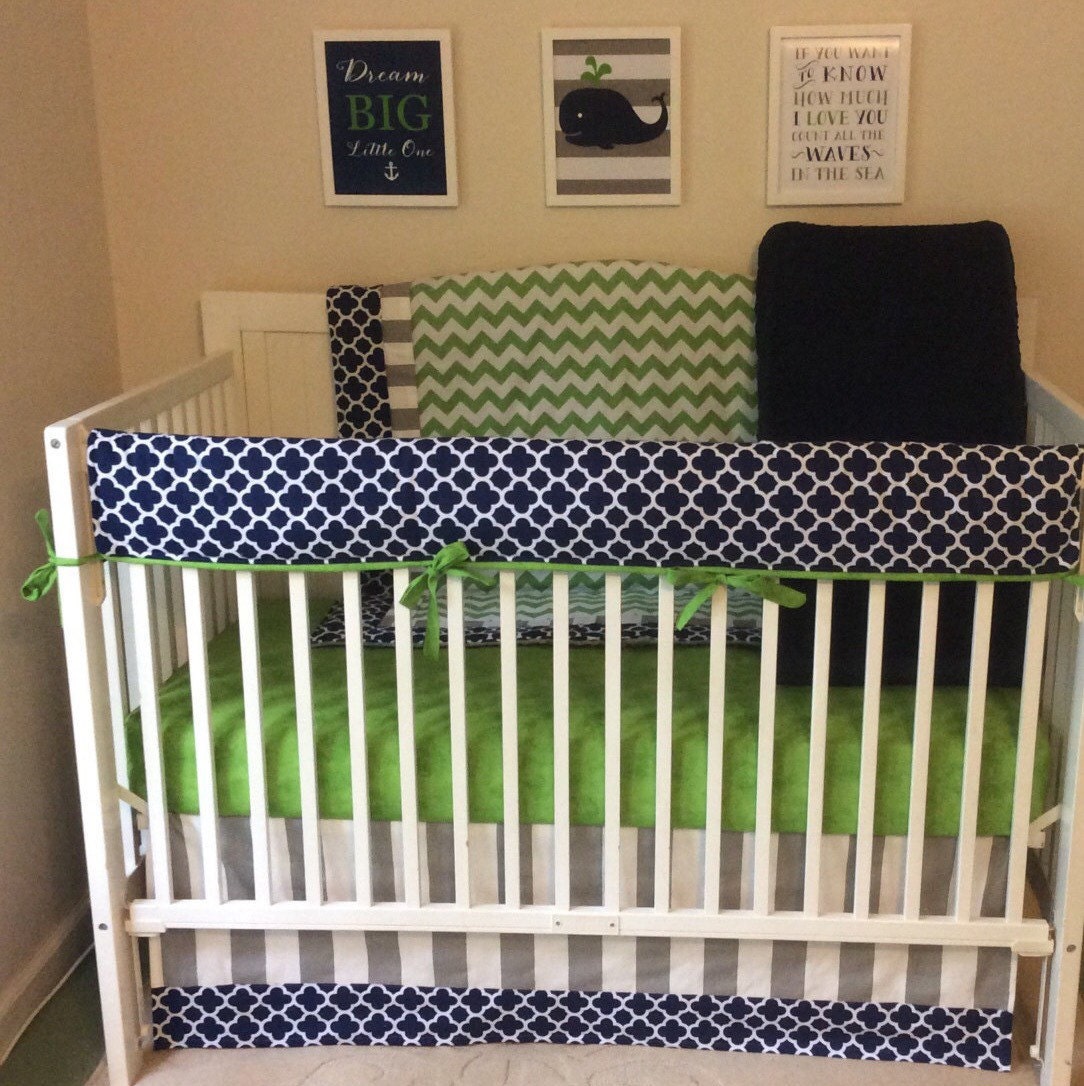 Baby Boy Crib Bedding Gray Green and Navy Blue Quatrefoil and Etsy
