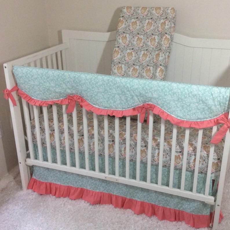 Coral and Mint Floral Fawn Baby Girl Crib Bedding Set Etsy