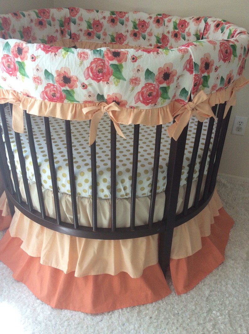 Round Crib Bedding Set Pink Peach Coral Large Watercolor Etsy